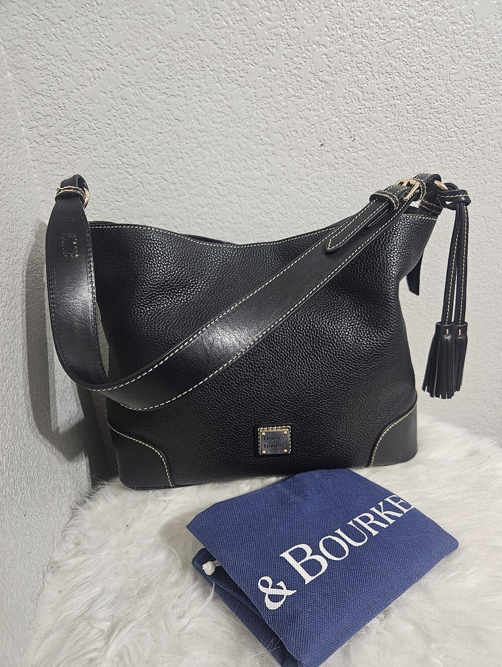 Dooney & Bourke Black Pebble Grain Sac  Shoulder Bag with Tassel